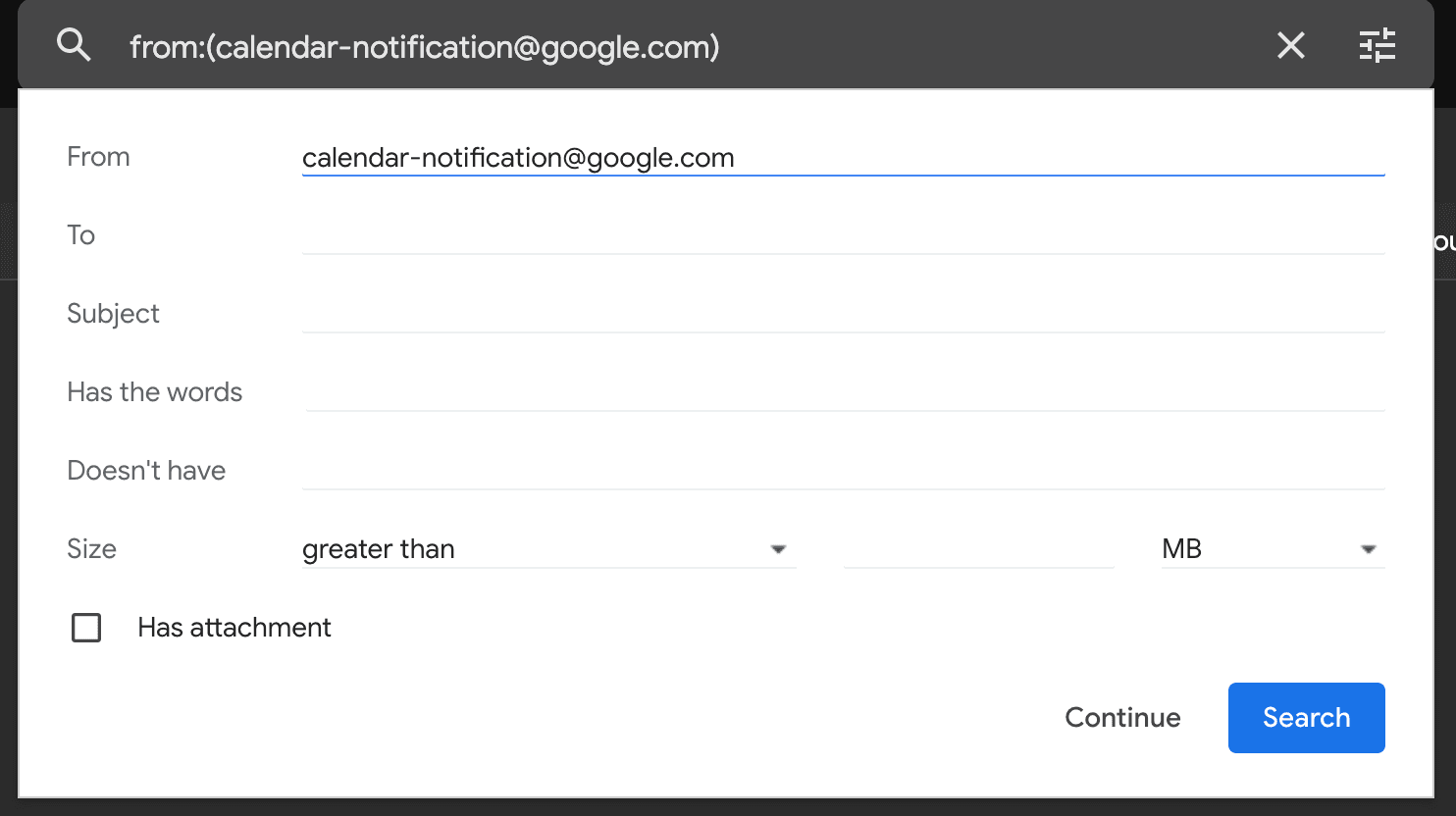 Filter all emails coming from calendar-notification@google.com